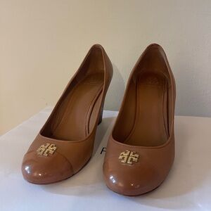 Tory Burch Brown Classic Wedge Heels with Metallic Emblem